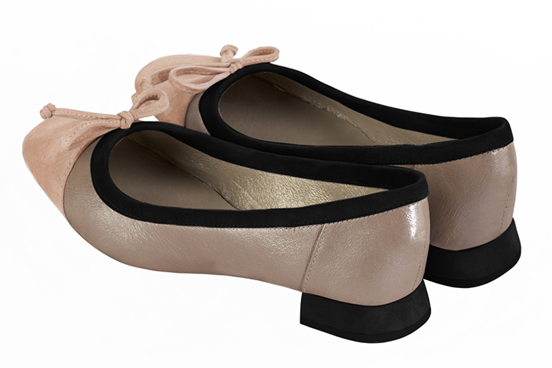Powder pink, tan beige and matt black women's ballet pumps, with low heels. Square toe. Flat flare heels. Rear view - Florence KOOIJMAN